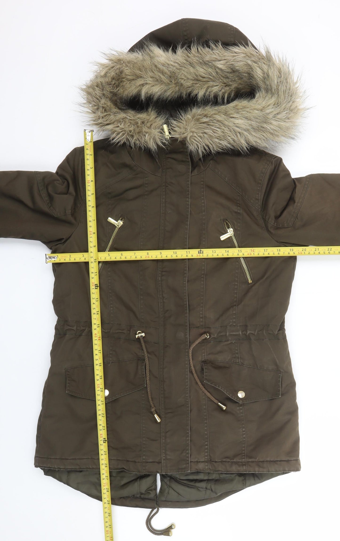 Miss Selfridge Petites Brown Faux Fur Hooded Parka Coat Size 12