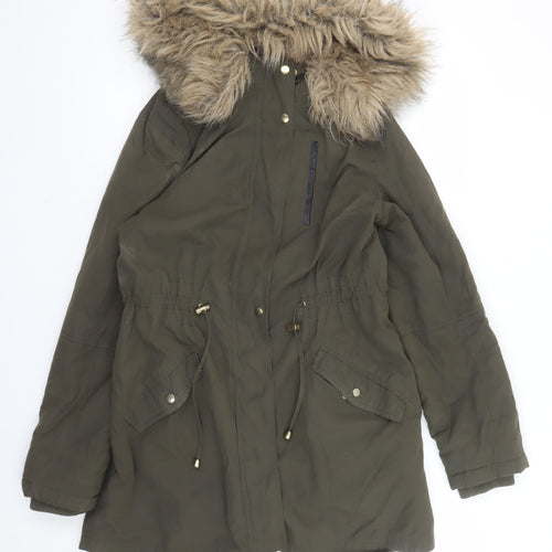 Oasis Women’s Green Fur Trim Hooded Parka Coat Size S