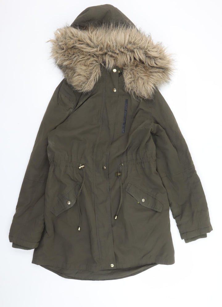 Oasis Women’s Green Fur Trim Hooded Parka Coat Size S