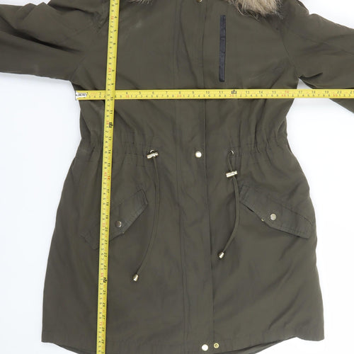 Oasis Women’s Green Fur Trim Hooded Parka Coat Size S