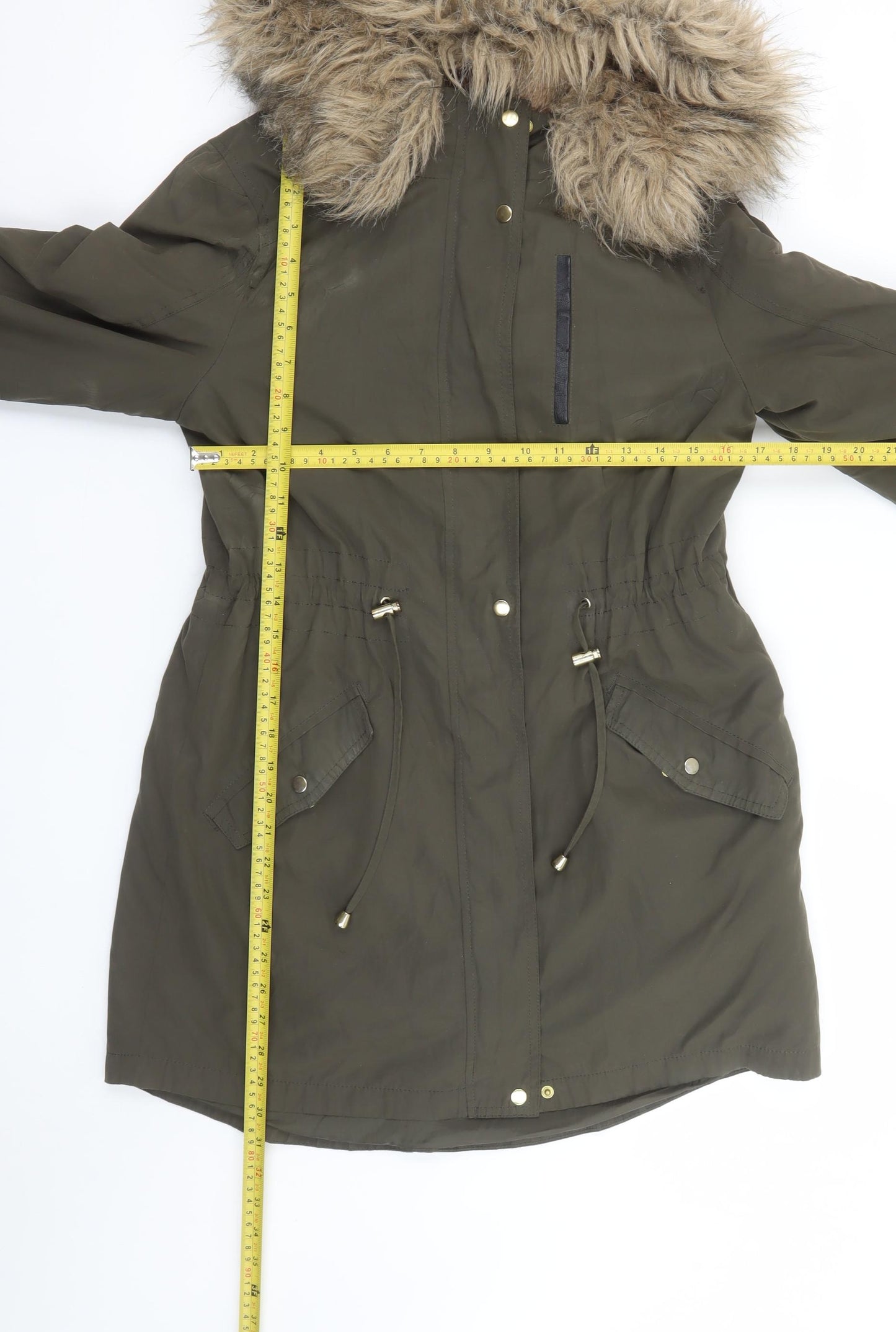 Oasis Women’s Green Fur Trim Hooded Parka Coat Size S