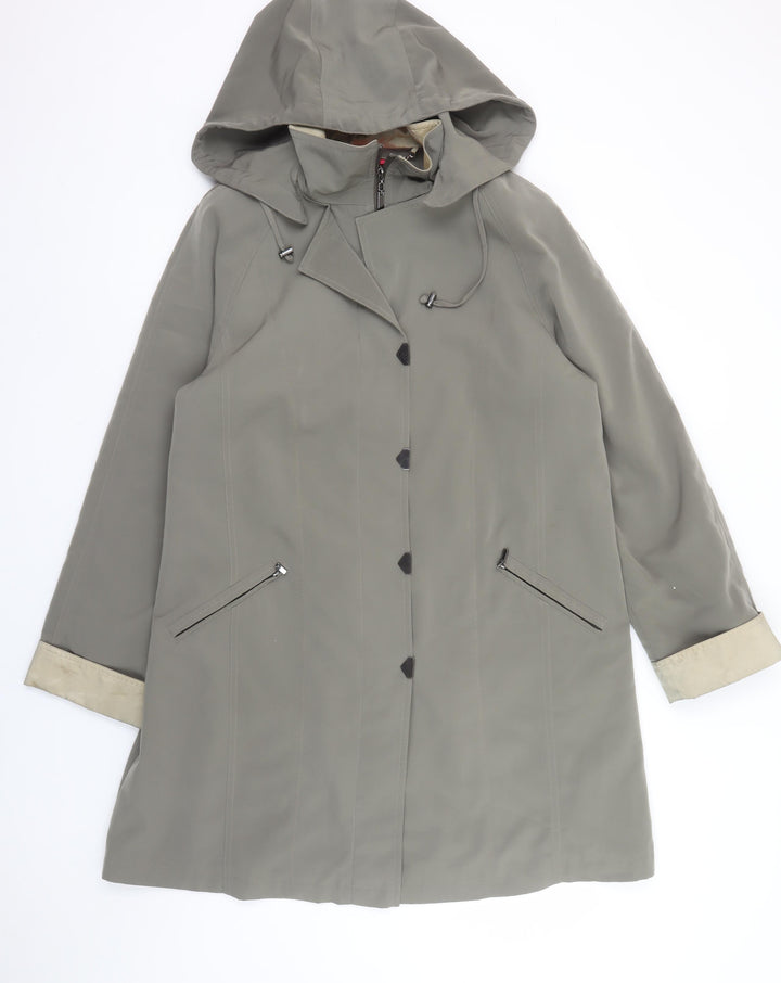 Jacques Vert Womens Grey Hooded Long Rain Coat Size M