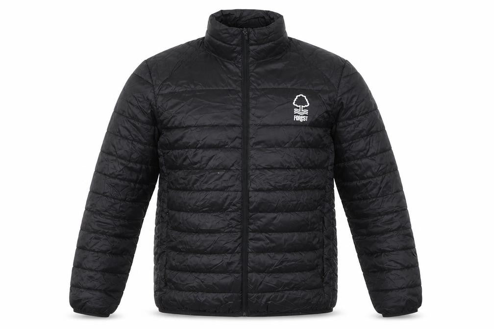 Front view of Forest men’s black puffer jacket s regular fit quilted lightweight