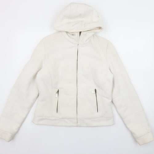 Zara Women White Fleece Hooded Jacket Size 14 Full Zip Casual