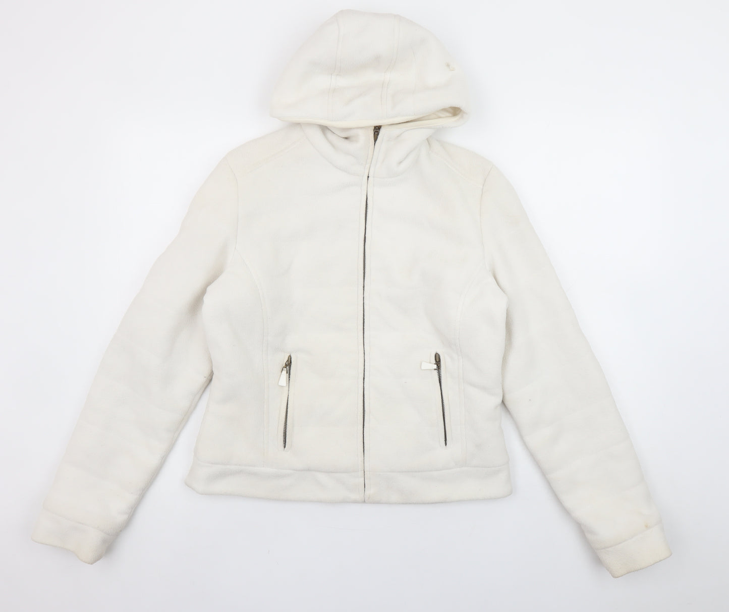 Zara Women White Fleece Hooded Jacket Size 14 Full Zip Casual