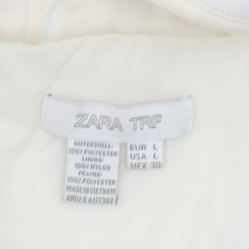 Zara Women White Fleece Hooded Jacket Size 14 Full Zip Casual