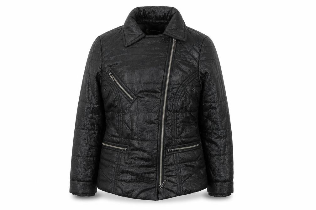 Front view of Kaleidoscope women’s black puffer jacket uk 10 lined zip mid-length