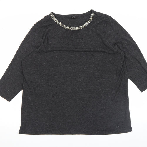 George Women's Black Beaded Crew Neck Top Size L 3/4 Sleeve Stretch