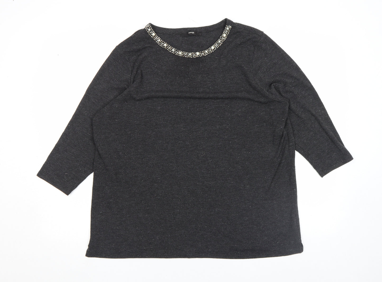 George Women's Black Beaded Crew Neck Top Size L 3/4 Sleeve Stretch
