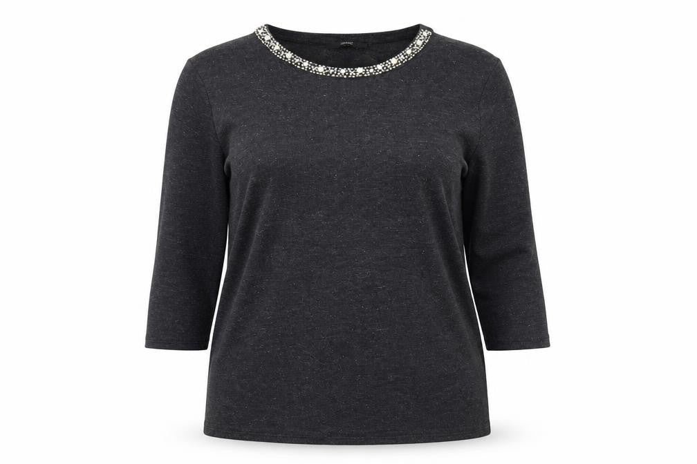 Front view of George Women's Black Beaded Crew Neck Top, size L, 3/4 Sleeve Stretch