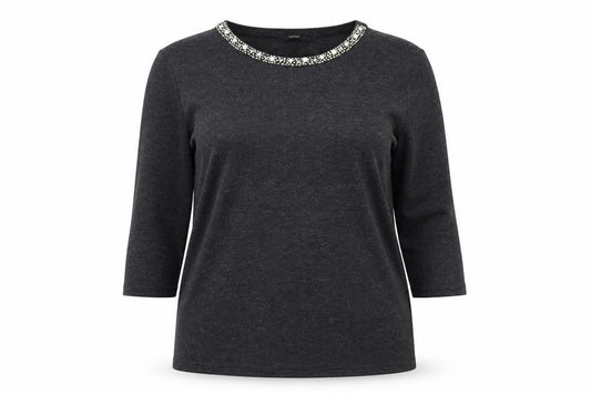 Front view of George Women's Black Beaded Crew Neck Top, size L, 3/4 Sleeve Stretch