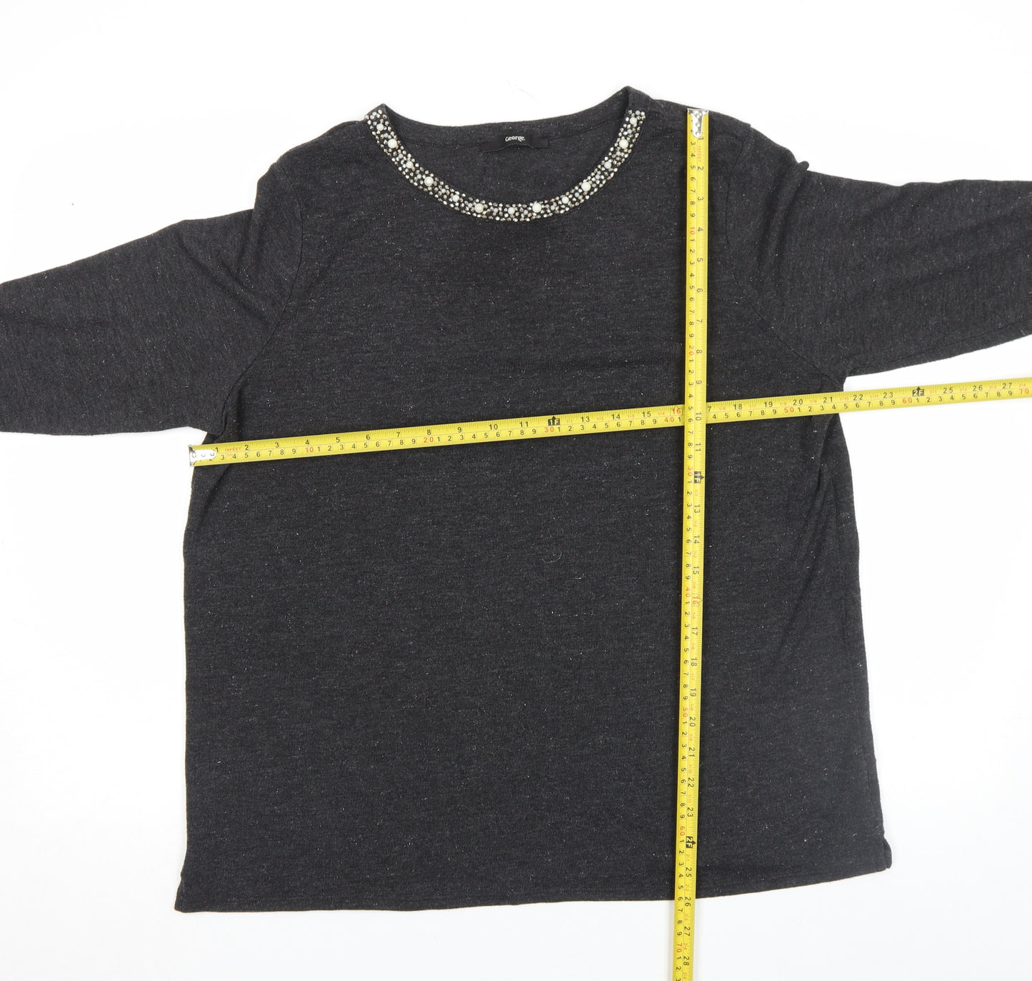 George Women's Black Beaded Crew Neck Top Size L 3/4 Sleeve Stretch