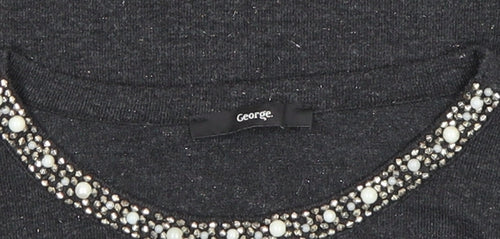 George Women's Black Beaded Crew Neck Top Size L 3/4 Sleeve Stretch
