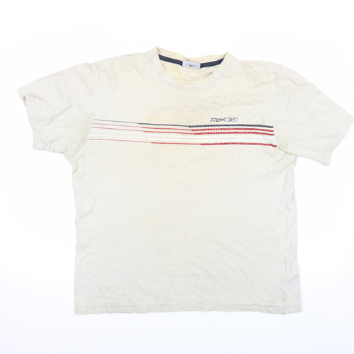 Reebok Men Beige L Short Sleeve Striped Crew Neck Cotton T-Shirt Vintage