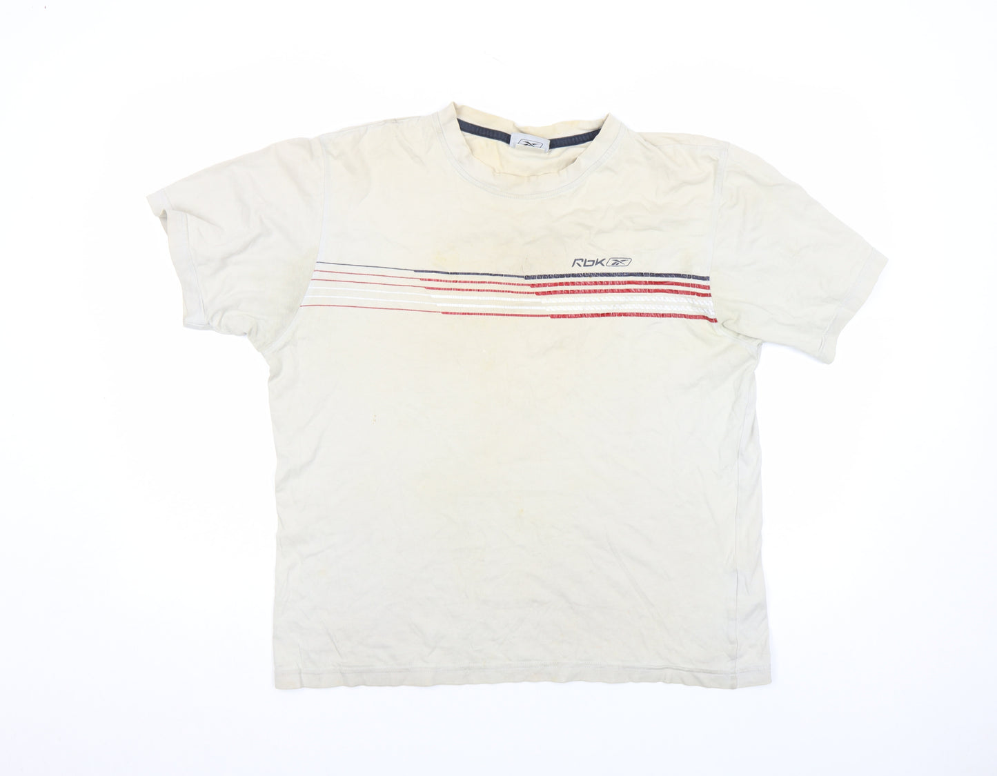Reebok Men Beige L Short Sleeve Striped Crew Neck Cotton T-Shirt Vintage