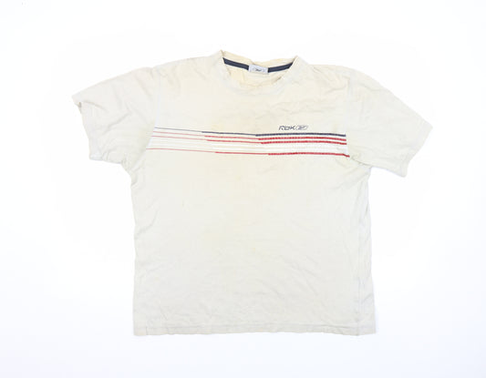 Reebok Men Beige L Short Sleeve Striped Crew Neck Cotton T-Shirt Vintage