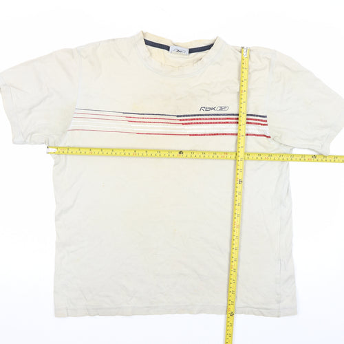 Reebok Men Beige L Short Sleeve Striped Crew Neck Cotton T-Shirt Vintage
