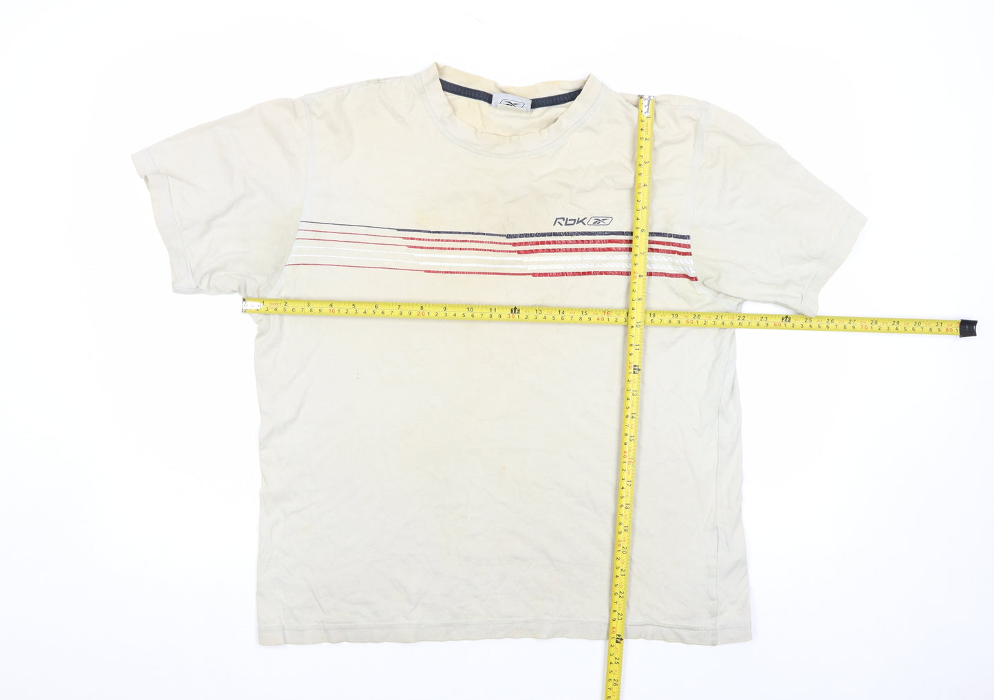 Reebok Men Beige L Short Sleeve Striped Crew Neck Cotton T-Shirt Vintage