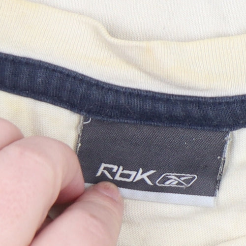 Reebok Men Beige L Short Sleeve Striped Crew Neck Cotton T-Shirt Vintage