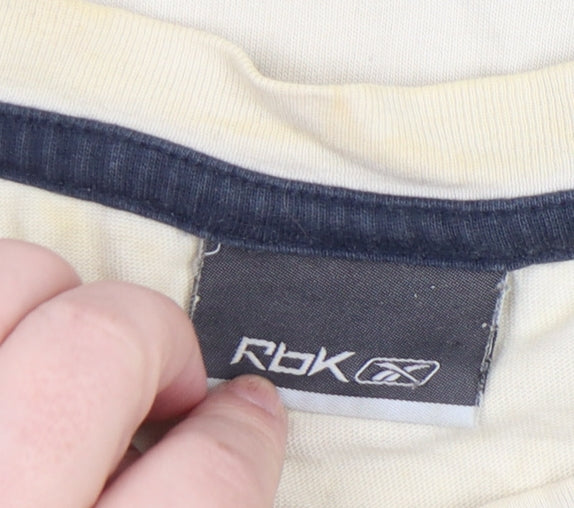 Reebok Men Beige L Short Sleeve Striped Crew Neck Cotton T-Shirt Vintage