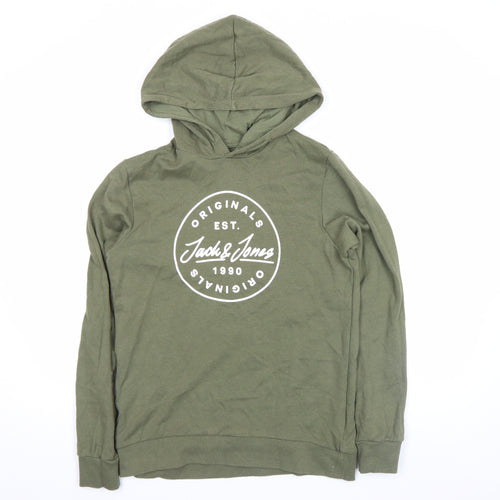 Jack & Jones Boys Green Pullover Hoodie Size 164 Logo Print Casual Sweatshirt