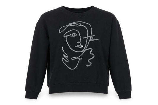Front view of Zapa women’s black embroidered face graphic pullover sweatshirt, size M