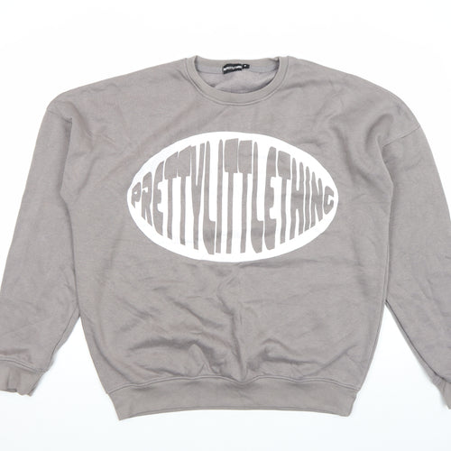 PrettyLittleThing Women Grey Pullover Sweatshirt M Logo Print Crew Neck