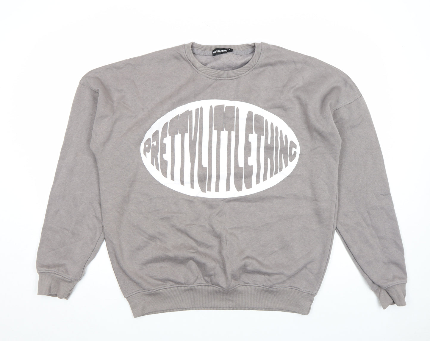 PrettyLittleThing Women Grey Pullover Sweatshirt M Logo Print Crew Neck