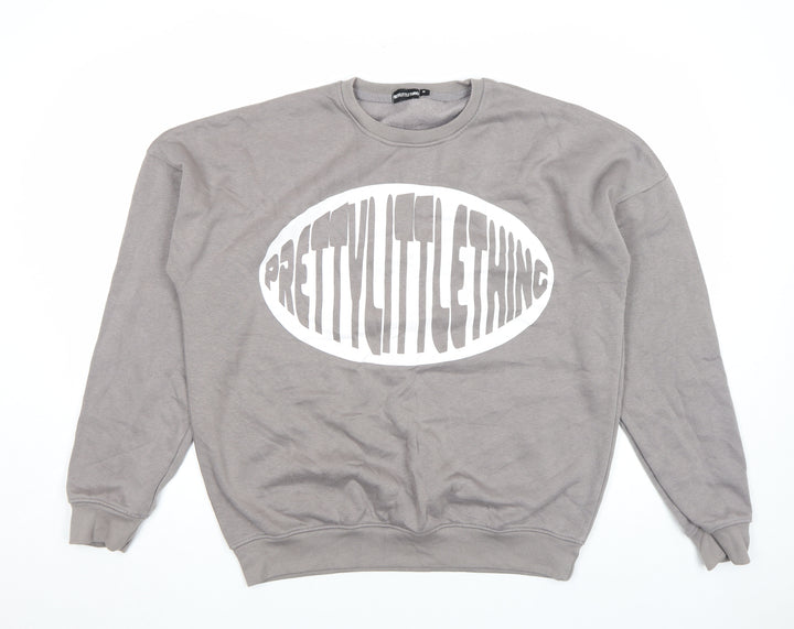PrettyLittleThing Women Grey Pullover Sweatshirt M Logo Print Crew Neck