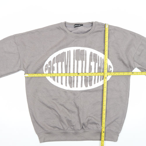 PrettyLittleThing Women Grey Pullover Sweatshirt M Logo Print Crew Neck