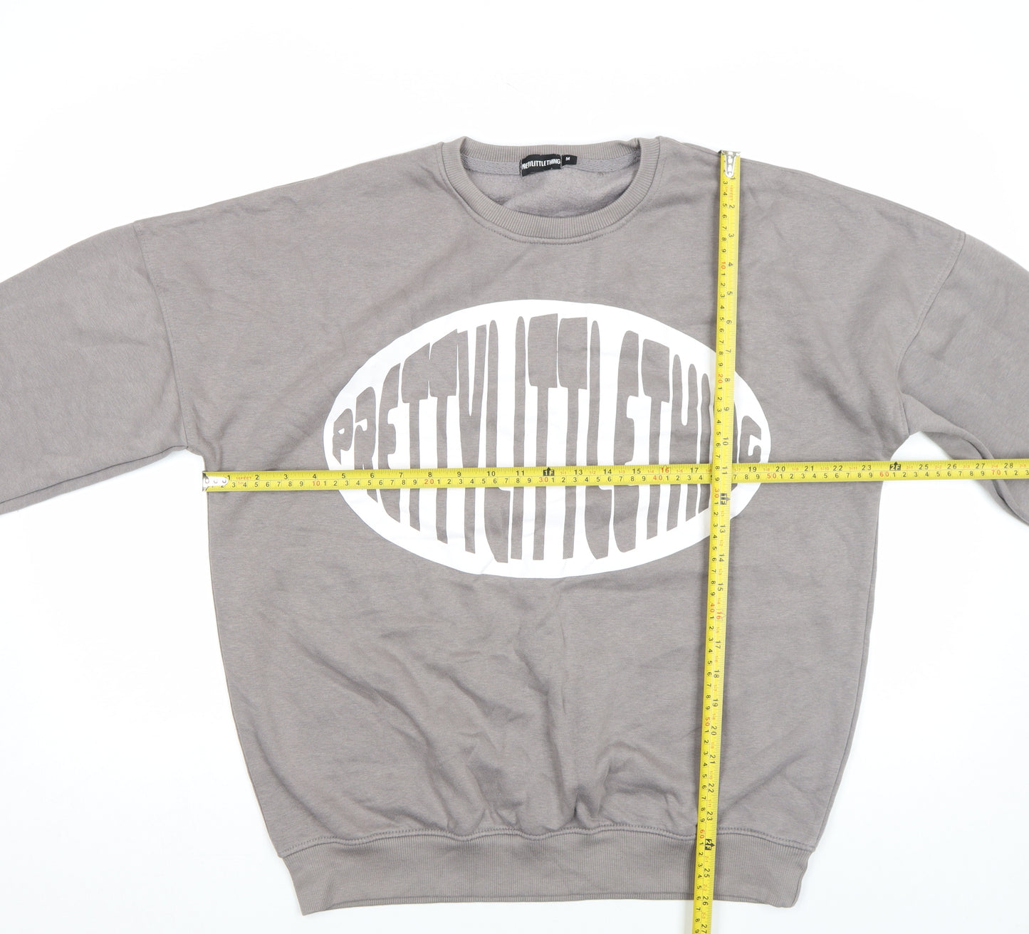 PrettyLittleThing Women Grey Pullover Sweatshirt M Logo Print Crew Neck