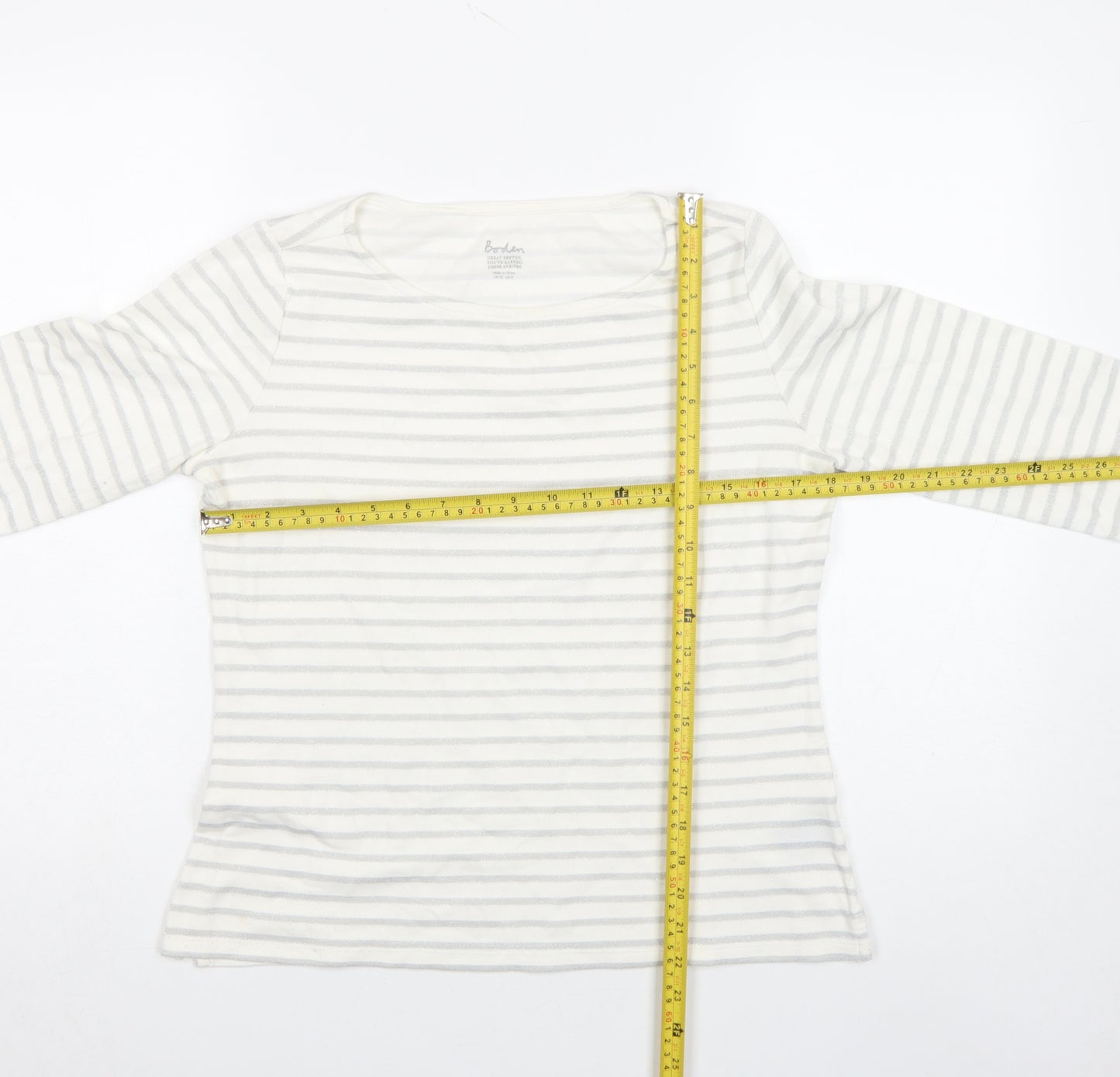 Boden Women’s White Glitter Stripe Long Sleeve Cotton Top Size 12