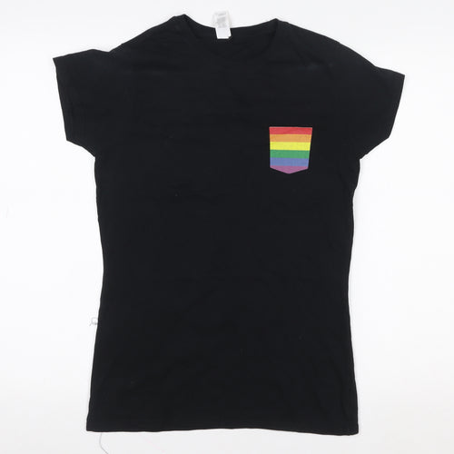 Gildan Women's Black Short Sleeve Cotton T-Shirt with Rainbow Pocket - Size M
