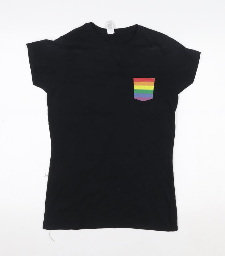 Gildan Women's Black Short Sleeve Cotton T-Shirt with Rainbow Pocket - Size M