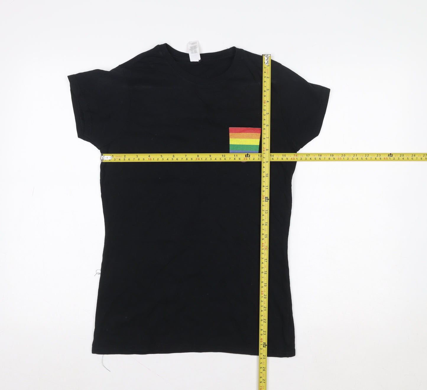 Gildan Women's Black Short Sleeve Cotton T-Shirt with Rainbow Pocket - Size M