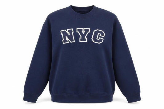 Front view of Fruit of the Loom Women Navy Blue NYC Graphic Pullover Sweatshirt L