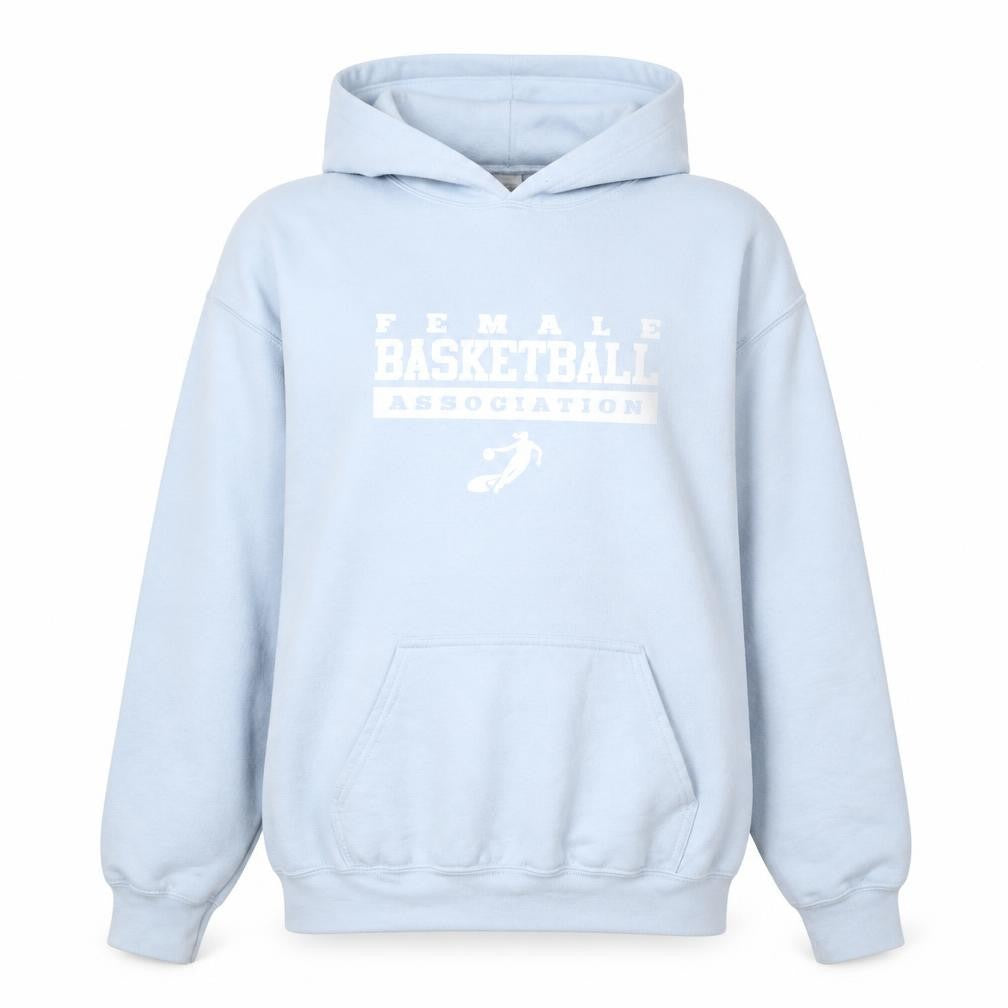 Front view of Gildan women’s light blue pullover hoodie l heavy blend basketball graphic