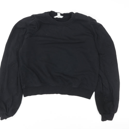 H&M Womens Black Cotton Blend Puff Sleeve Sweatshirt Size 12