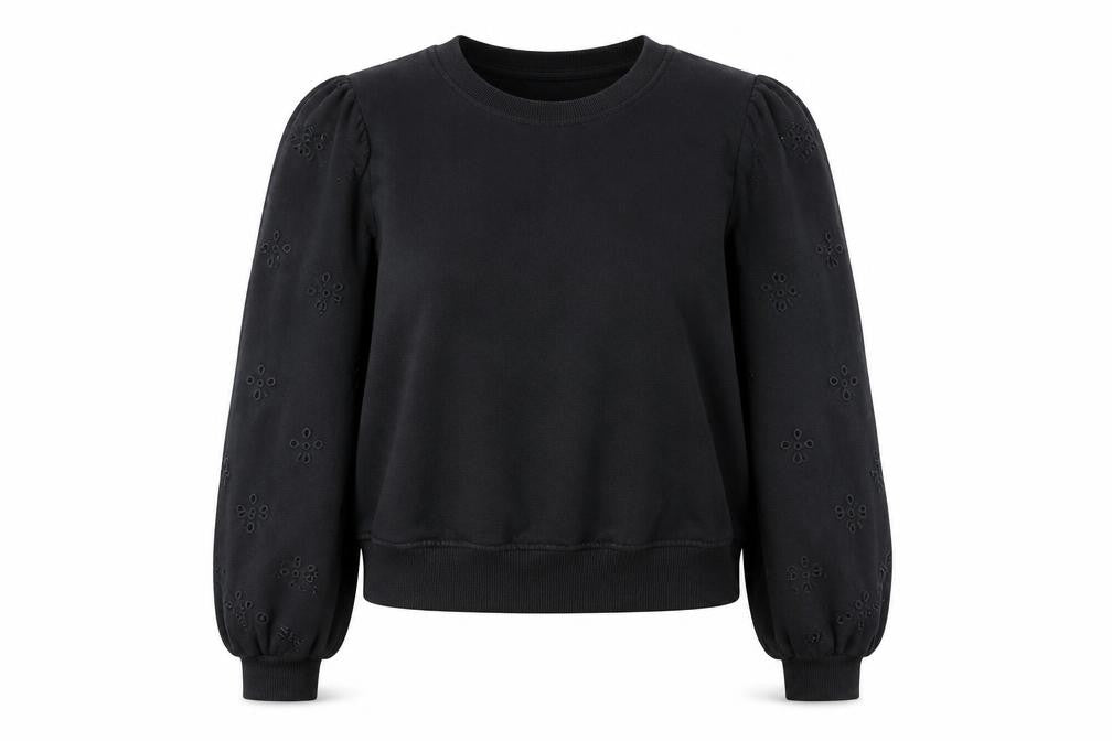 Front view of H&M women’s black cotton blend puff sleeve sweatshirt, size UK 12