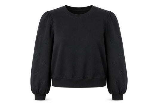 Front view of H&M women’s black cotton blend puff sleeve sweatshirt, size UK 12
