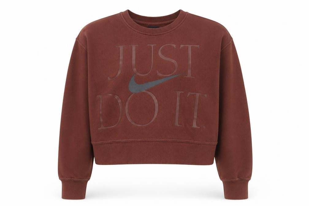 Front view of Nike women’s brown dri-fit pullover sweatshirt, size S, crew neck