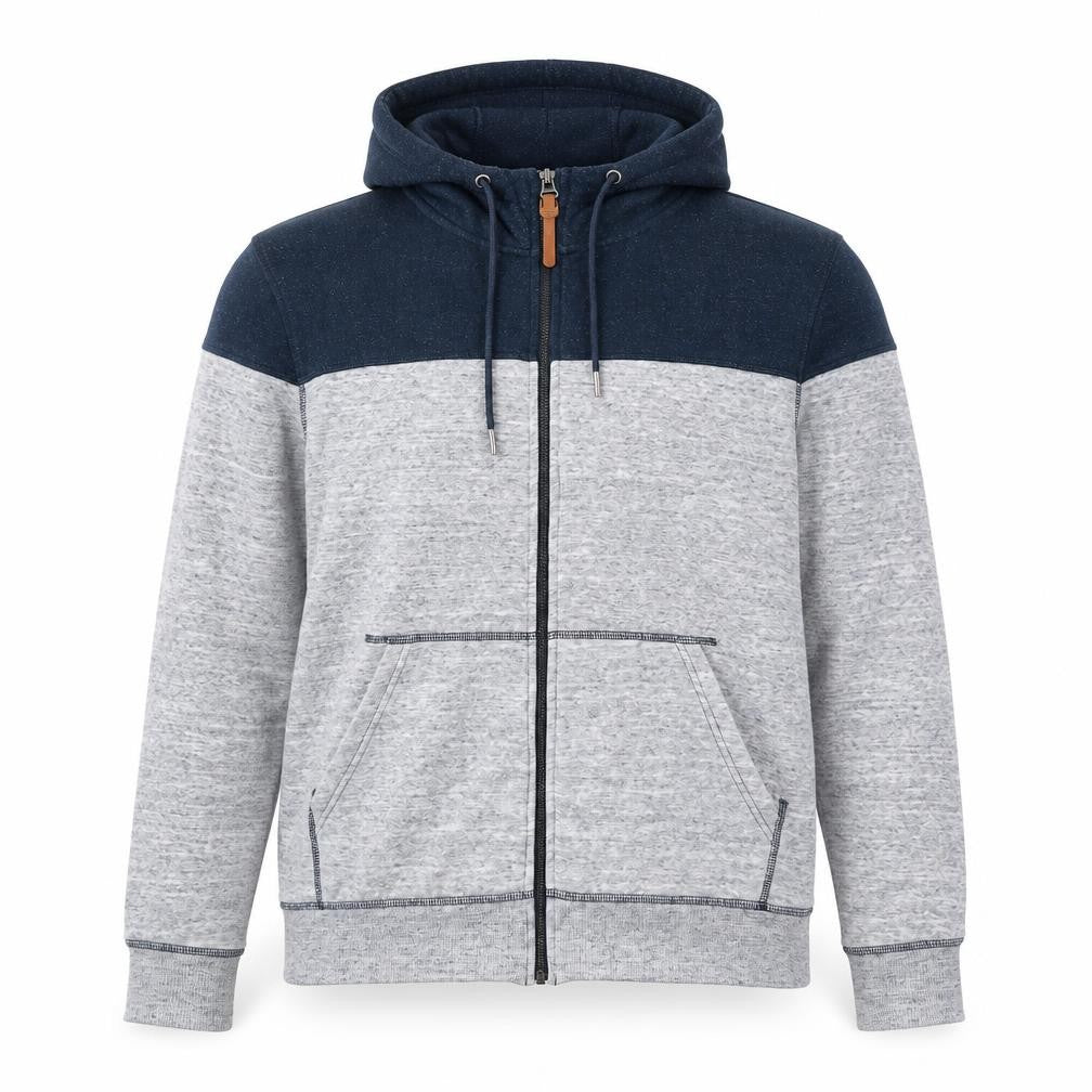 Front view of H&M LOGG Men's Grey & Navy Hooded Full Zip Jacket, size L
