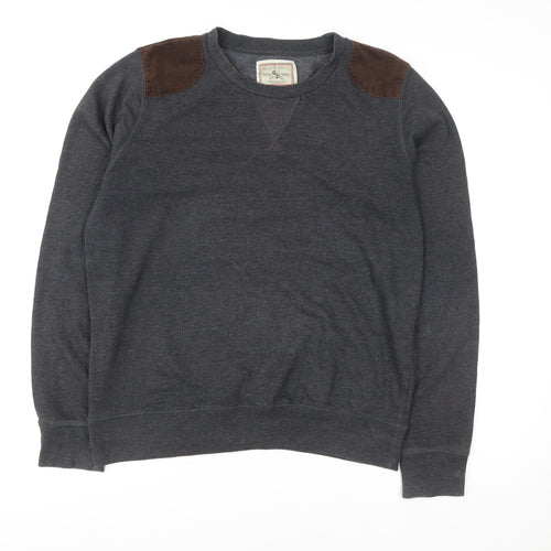 Brave Soul Men's Grey Pullover Sweatshirt Large Crew Neck with Suede Patches