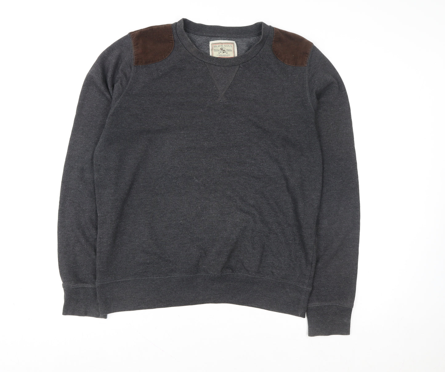 Brave Soul Men's Grey Pullover Sweatshirt Large Crew Neck with Suede Patches