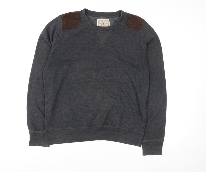 Brave Soul Men's Grey Pullover Sweatshirt Large Crew Neck with Suede Patches