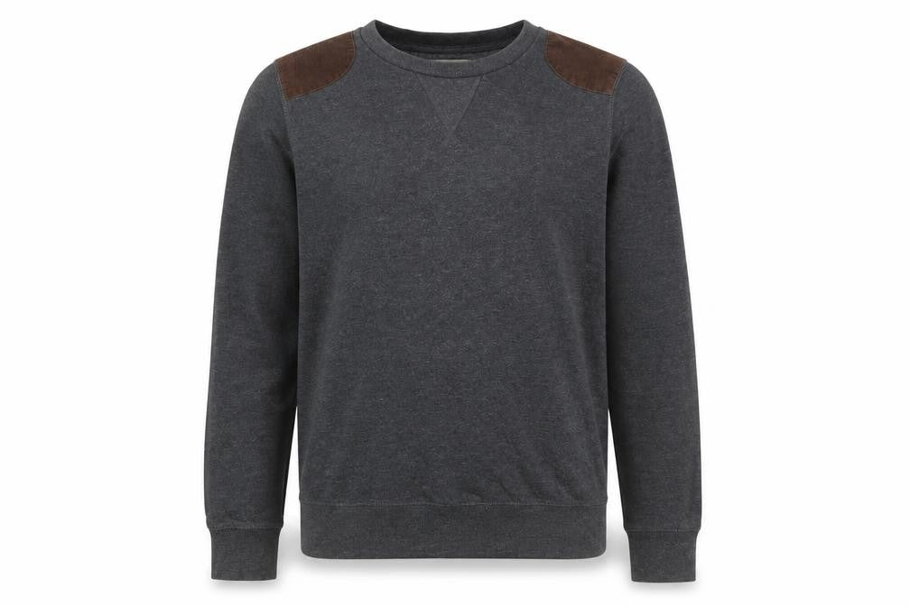 Front view of Brave Soul Men's Grey Pullover Sweatshirt Large Crew Neck with Suede Patches