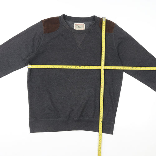 Brave Soul Men's Grey Pullover Sweatshirt Large Crew Neck with Suede Patches