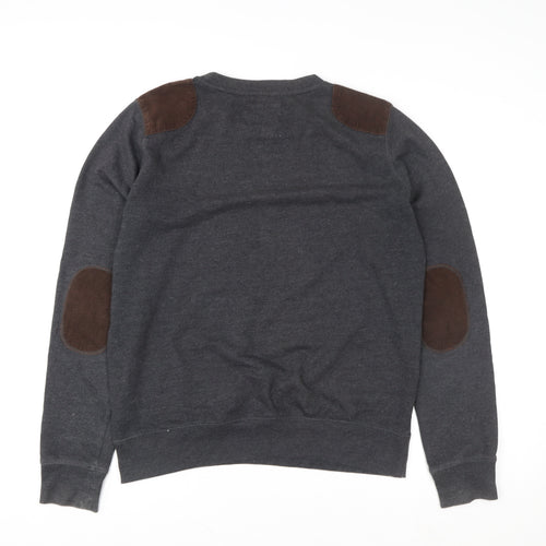 Brave Soul Men's Grey Pullover Sweatshirt Large Crew Neck with Suede Patches