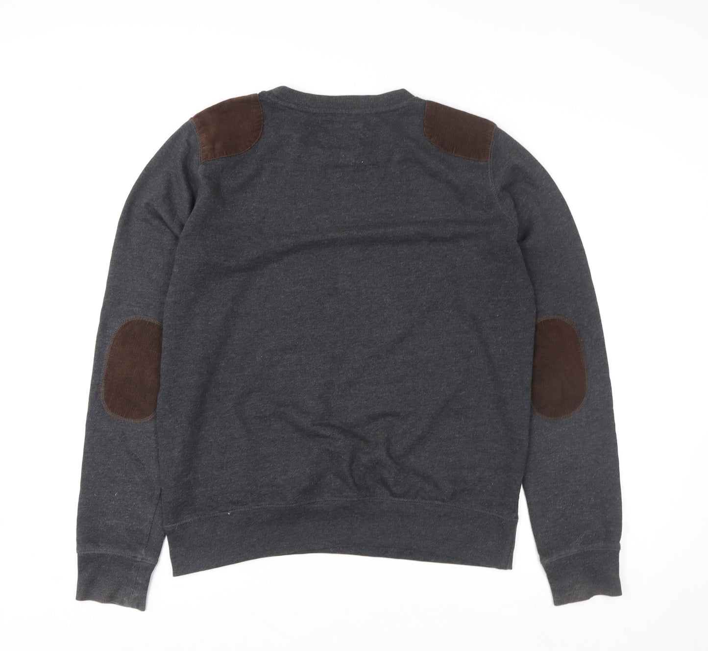 Brave Soul Men's Grey Pullover Sweatshirt Large Crew Neck with Suede Patches
