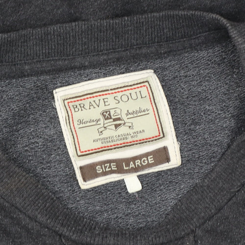 Brave Soul Men's Grey Pullover Sweatshirt Large Crew Neck with Suede Patches